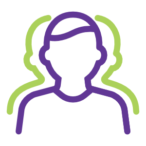 Three outlined silhouettes overlapping, featuring a purple central figure flanked by two green figures, suggesting unity and collaboration