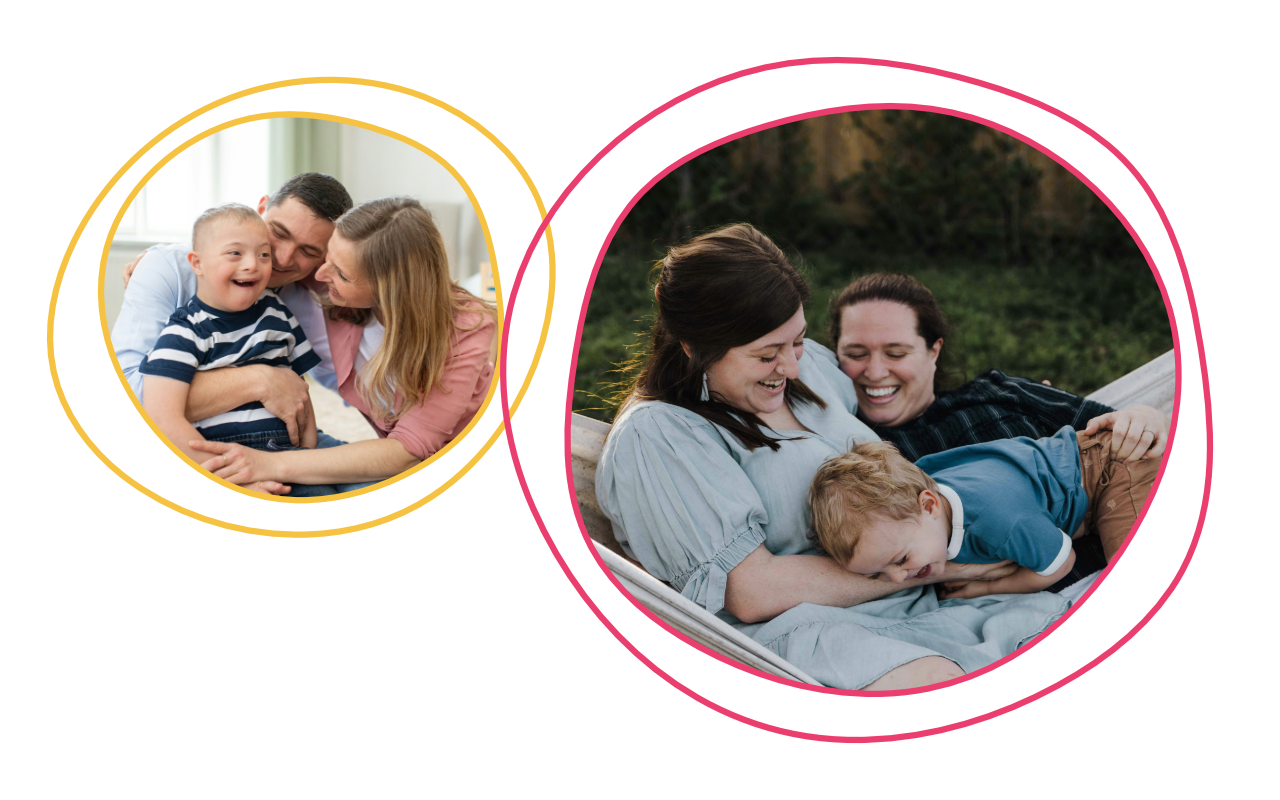 Two overlapping circles show happy families. Left circle: Parents cuddling a smiling child indoors. Right circle: Two adults and a child laughing in a hammock outdoors.