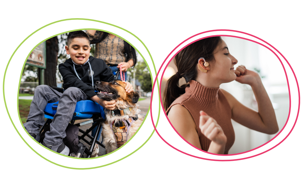 Two images side by side: Left shows a smiling boy in a wheelchair petting a service dog outdoors; right shows a woman with a hearing aid, sitting indoors, appearing engaged.