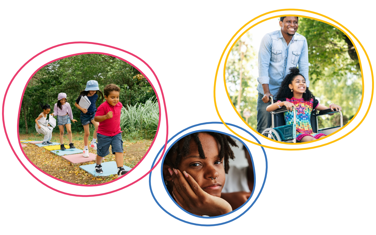 A collage of diverse activities: Four kids play outdoors, a smiling father pushes a girl in a wheelchair in a park, and a thoughtful person rests their chin on their hand