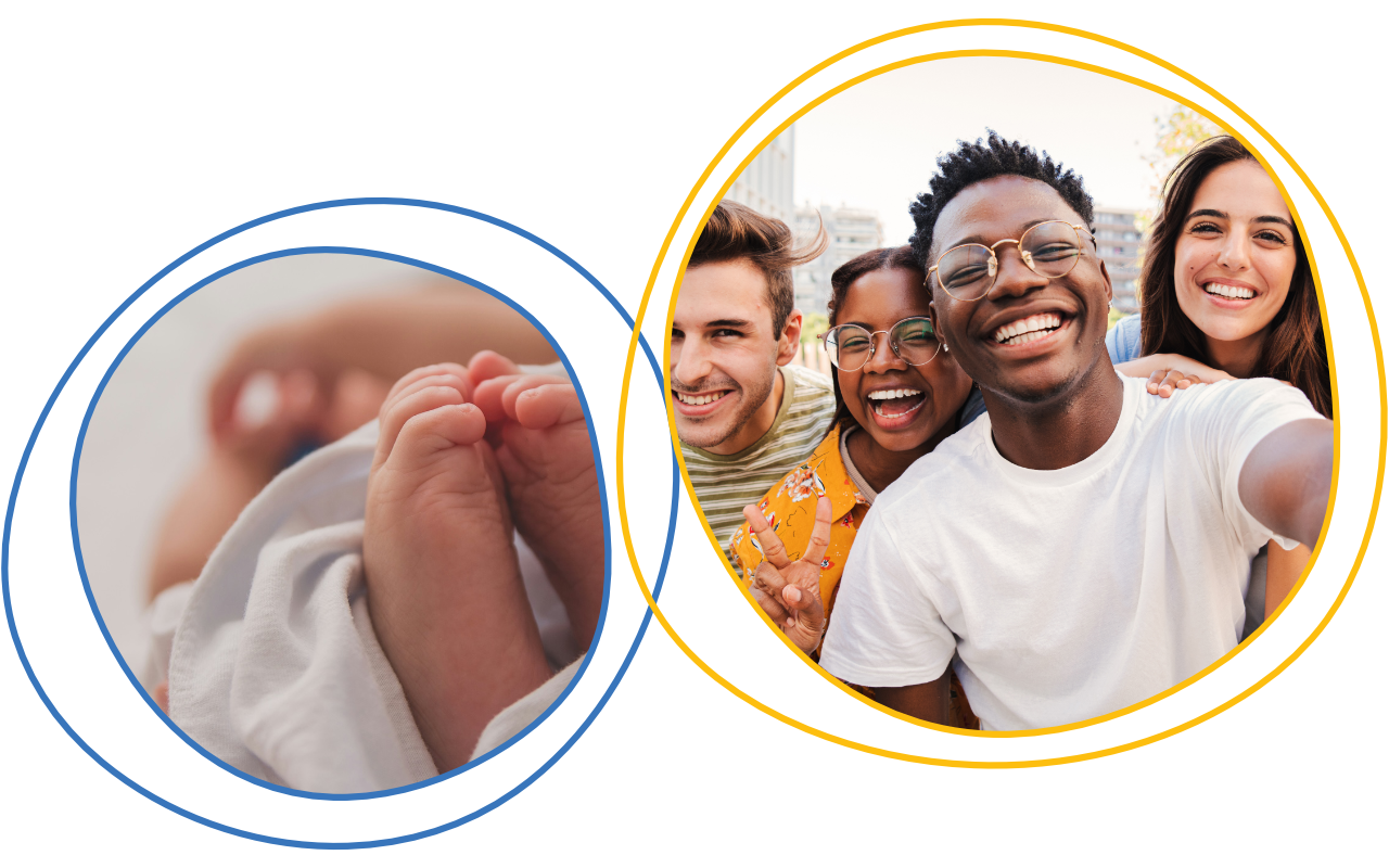 A circle with baby feet swaddled in a blanket overlaps another circle showing four smiling teenagers of mixed races taking a selfie