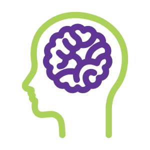 Silhouette of a human head in green with a purple brain outline inside, symbolizing mental health awareness